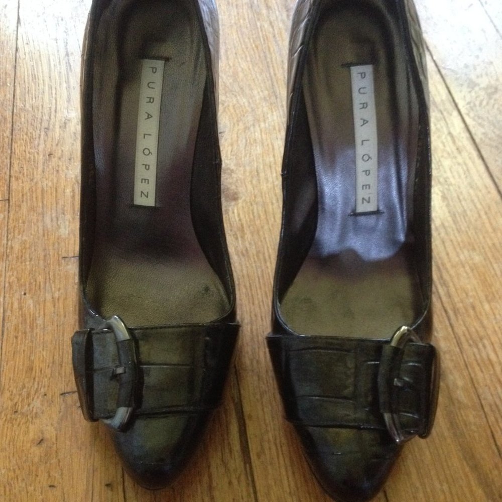 Pura Lopez Black Croc Embossed Pumps, 36.5/6.5M
